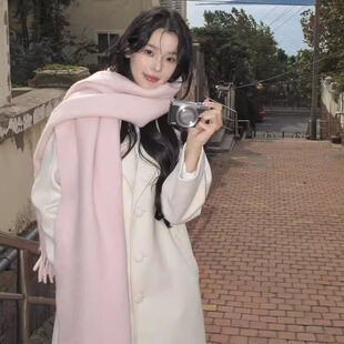 淡粉色软糯蓬松纯色围巾女秋冬季加厚仿羊绒披肩韩版保暖围脖百搭