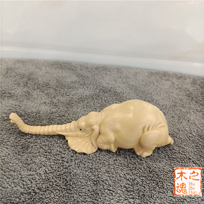 黄杨木雕刻家居装饰品男士随身手把件汽车小摆件大象趴趴象招财象