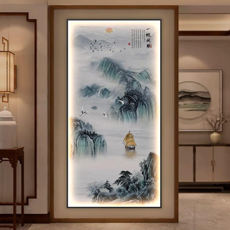 CAM新中式玄关装饰画廊过道灯带壁画入户进门走山e水竖版发光Ld挂图片