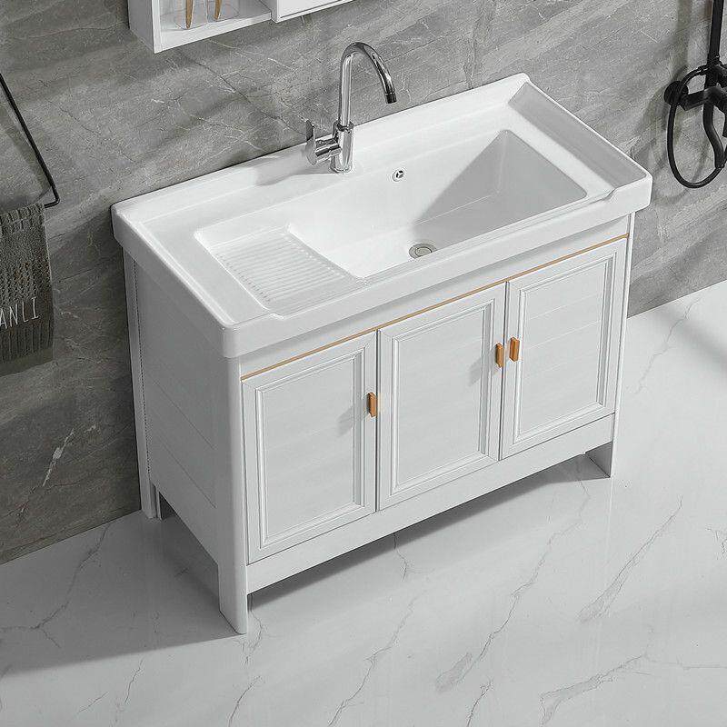 板卫生间阳台陶搓瓷洗衣盆带柜水槽太空铝白色350落地浴室组合洗