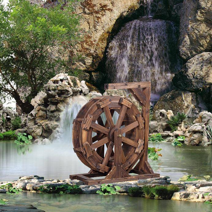 假山鱼池轮庭流EMM院大中小型水摆件碳化防腐木水风车水萍润