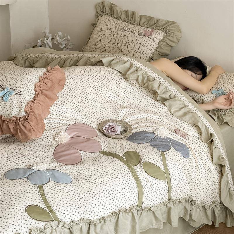 |A类长绒棉洗四件套水双层纱提花韩版花|边AAAA纯棉棉全棉刺绣