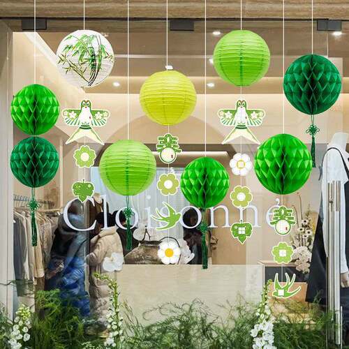 春天绿系主题装饰窗灯笼件幼儿挂XYF园环创店铺橱氛围挂饰场色景