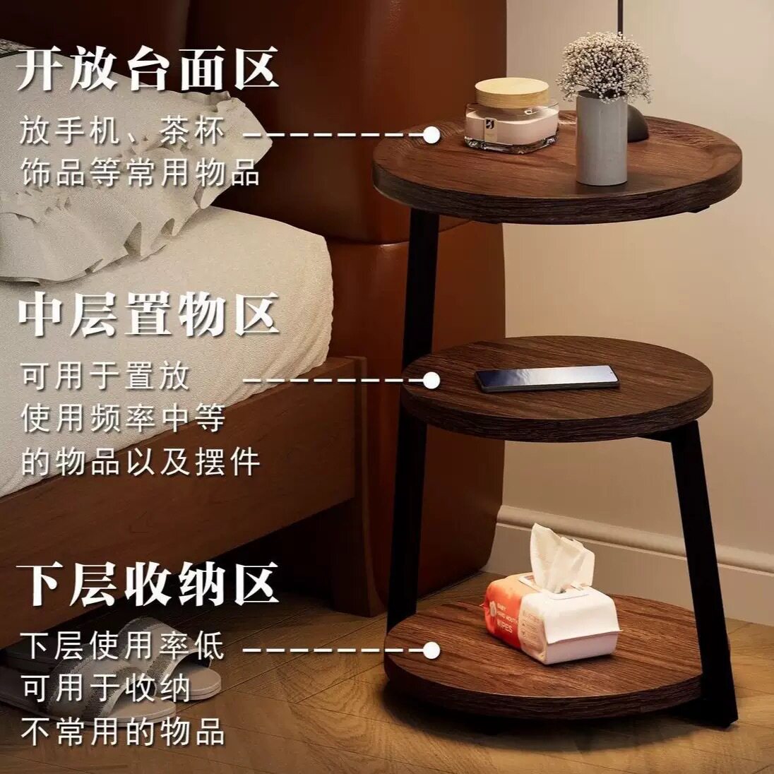 轻奢三层小圆桌家用阳台客厅书房托盘茶几吧小桌子卧室床头置物架