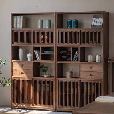 新中式木博实架黑阁胡桃色书柜展示柜老榆木多宝书常规架茶室古置