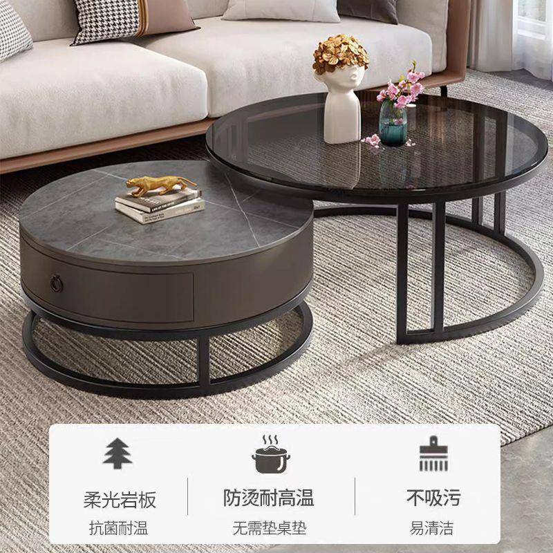 圆形岩板茶TOU几公家客厅主卧室玻璃户型用简约阳台小办两用茶几图片