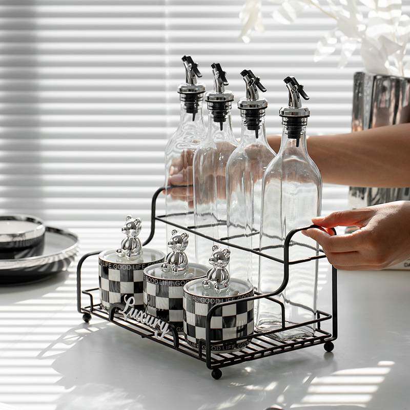 棋盘格黑白调味罐套装家用调料盒油盐酱醋味精作料厨房用收纳组合