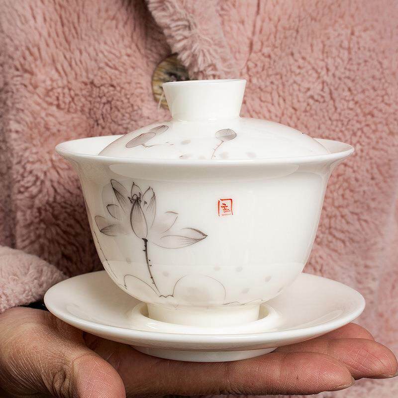 淘竹瓷八三盖碗手蓝泡茶才盖碗茶具套装茶碗单绘个泡茶不LYA烫手