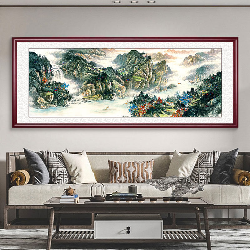 客厅装饰画背有靠山风水山水画酒店大堂会议室家居软装实木挂画