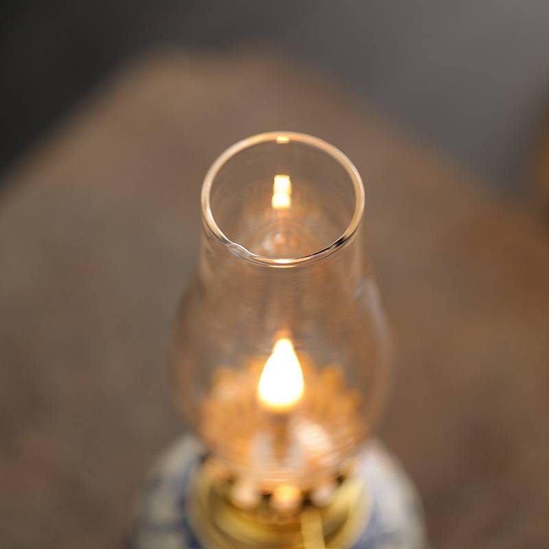 老式玻璃酥油灯传统青花陶瓷茶室家居摆件灯芯仿古供佛拜神照明灯
