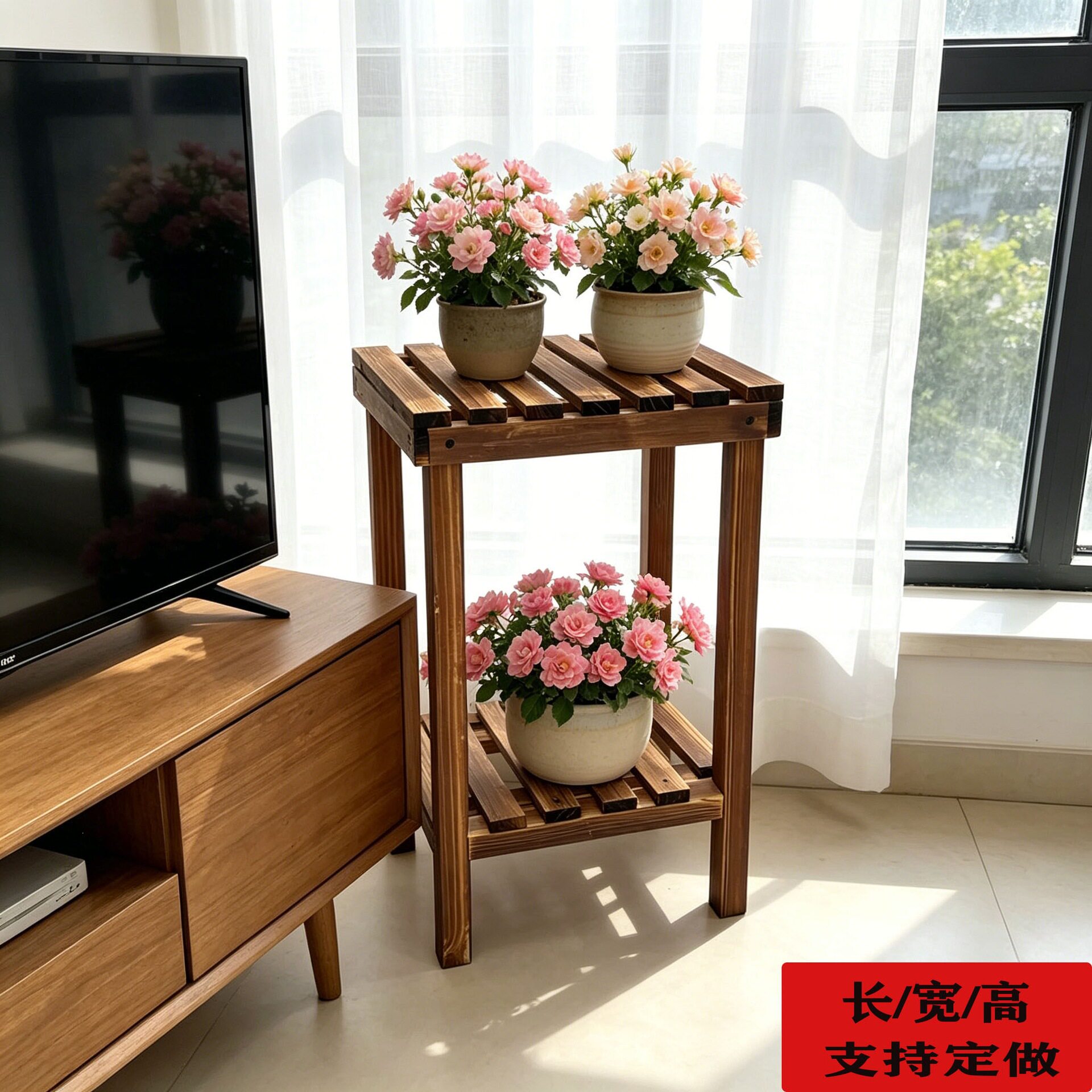 两层碳化实木防腐花架双层置物架三层花盆架鱼缸架子室内外可移动
