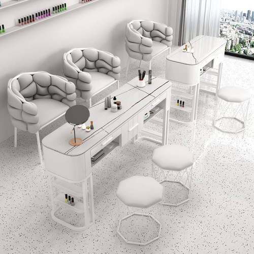 奶油风美甲桌椅套装组合大理石单人双人美甲台日式美甲店
