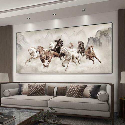 八骏图客厅装饰画新中式马到成功沙发背景挂画办公室书房带框壁画