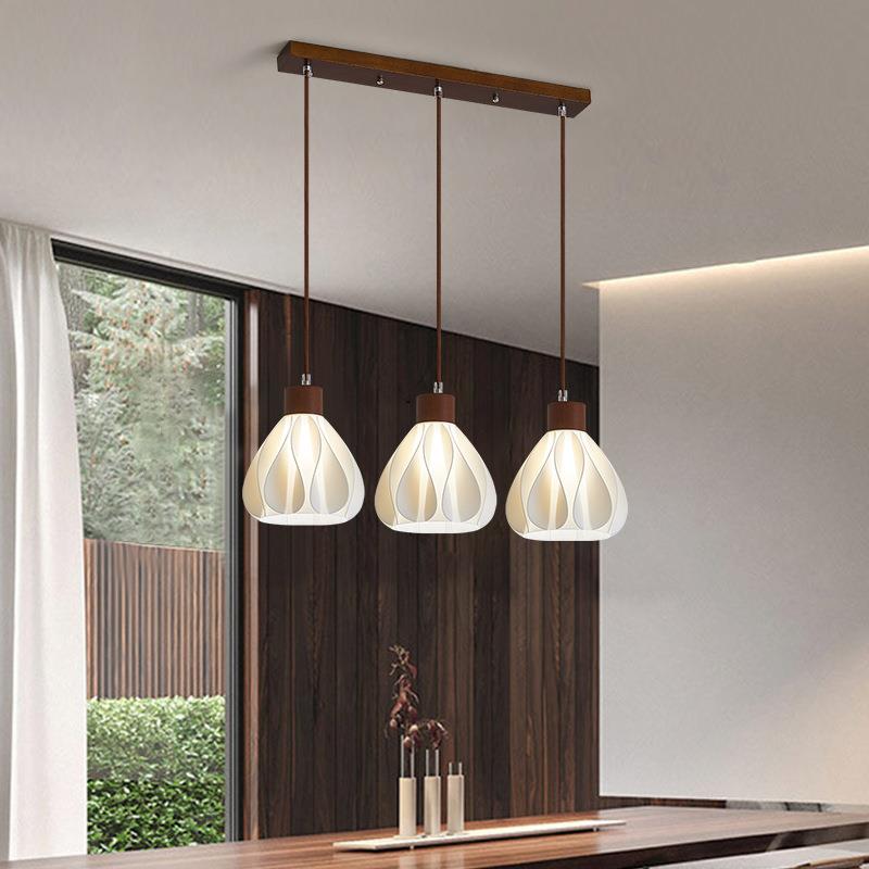 厅吊灯68胡桃三头led饭桌灯具吧台床简头餐单头玻璃实木木约风吊