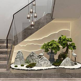 室内枯山水仿真绿植迎客松景观橱窗楼梯下造景假山装饰品落地摆件