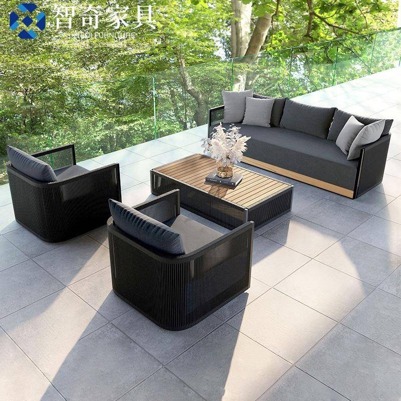 户外沙发庭院花园防水防晒实木休闲绳编沙发客厅展厅柚木沙发组合