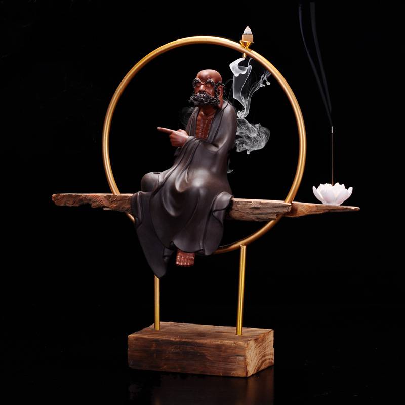 中式风化木精品创意大号达摩紫砂倒流香禅意家居客厅玄关装饰摆件