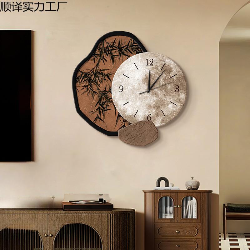 中古风墨竹客厅挂钟装饰画新中式钟表挂画复古餐桌灯壁画家用灯画