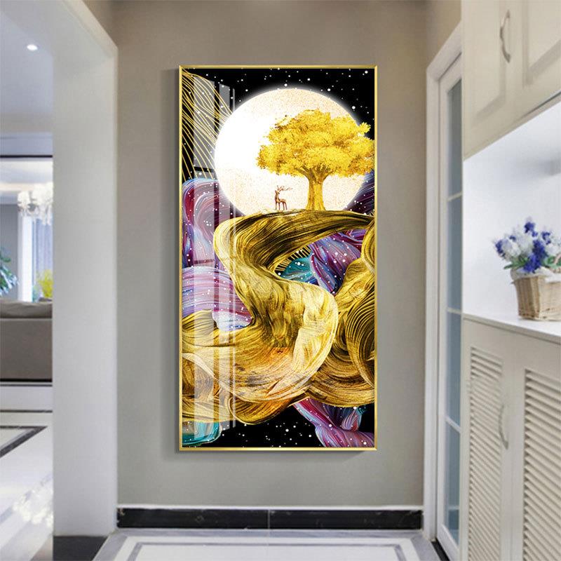 入户玄关装饰画轻奢竖版晶璃画门口走廊过道现代简约墙壁挂画麋鹿