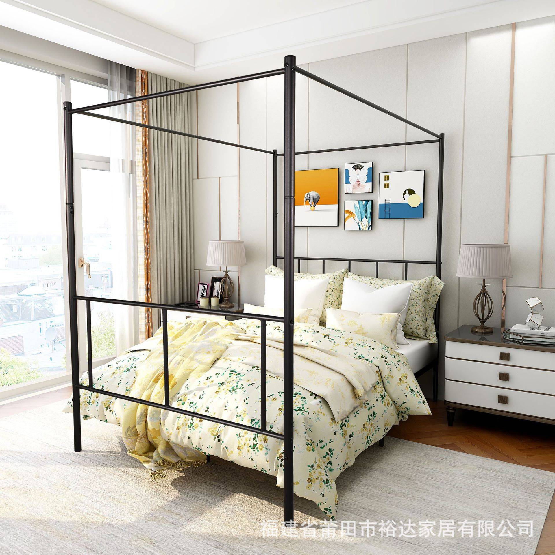 宫廷风单层蚊帐床坐卧两用铁架沙发床家用铁艺天蓬床1.5米双人床