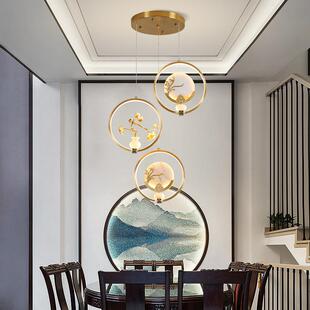 新中式全铜楼梯吊灯云石中国风复式楼餐厅吧台茶室卧室床头吊线灯