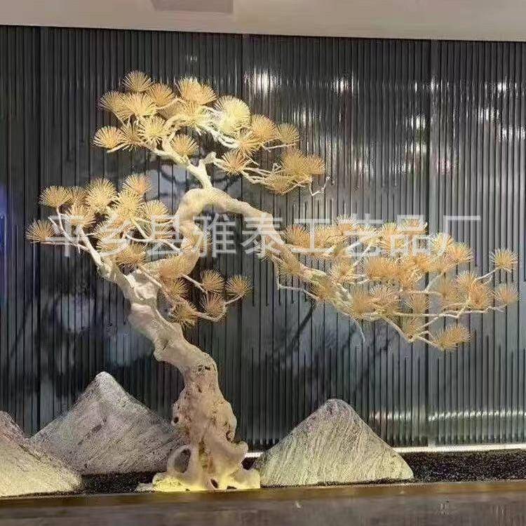 迎客松仿真松树仿生罗汉松玻璃钢根雕装饰造型假实木雪松景观摆件