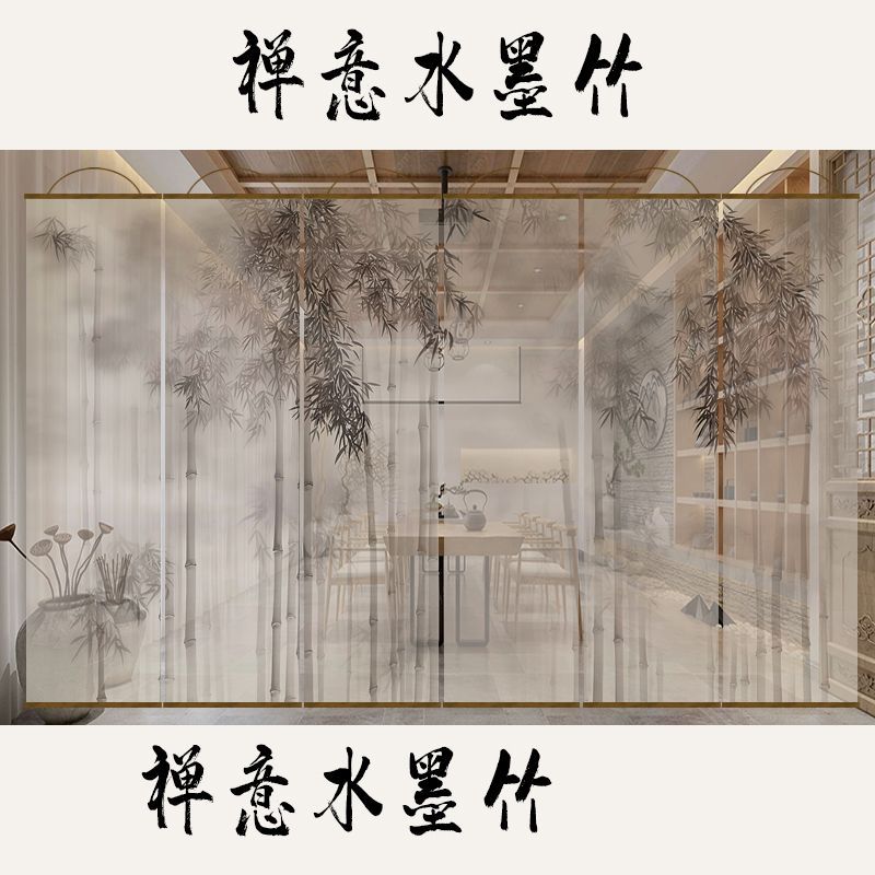 高档新中式半透水墨竹透景屏风纱卷帘隔断帘挂帘水墨窗帘透光纱帘