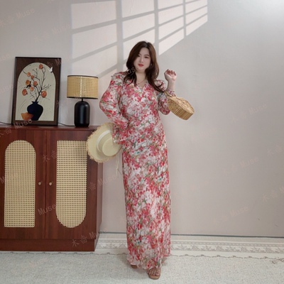 【蜜语长袖】秋款新款斜裁收腰显瘦女装连衣裙轻奢气质后妈裙粉色