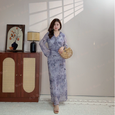 【紫夜长袖】秋款新款斜裁收腰显瘦女装连衣裙轻奢气质后妈裙印花