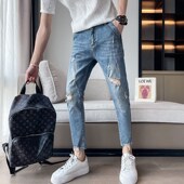 休闲9分男裤 春夏薄款 26码 27瘦人九分裤 弹力修身 小脚破洞牛仔裤