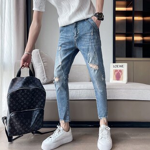 弹力修身 休闲9分男裤 小脚破洞牛仔裤 27瘦人九分裤 26码 春夏薄款