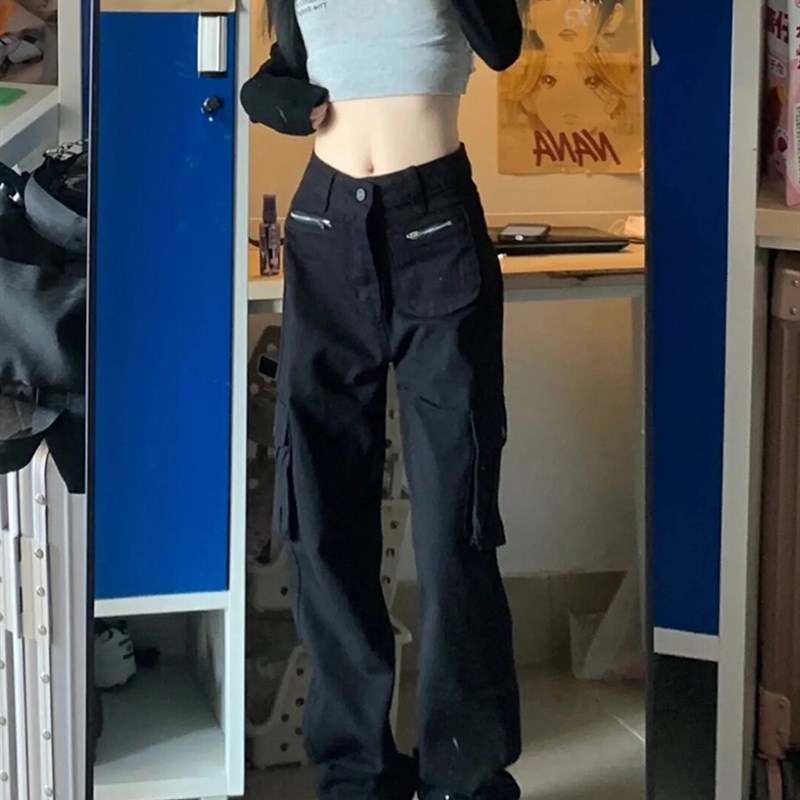 美式黑色工装裤女款直筒窄板阔腿大码梨型身材显瘦又a又飒裤子潮