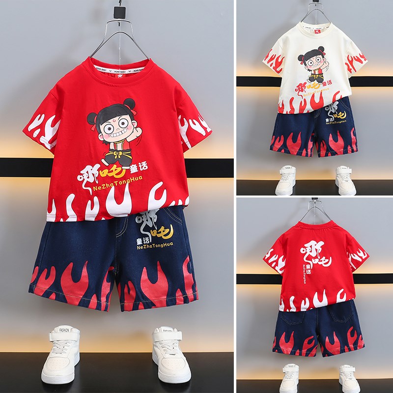 男童夏天卡通潮酷哪吒短袖衣服夏季中小儿童小孩五分袖T恤两件套