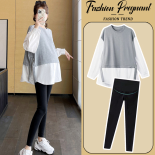 洋气时髦休闲上衣宽松长袖 孕妇套装 时尚 拼接衬衫 圆领 春秋2024新款