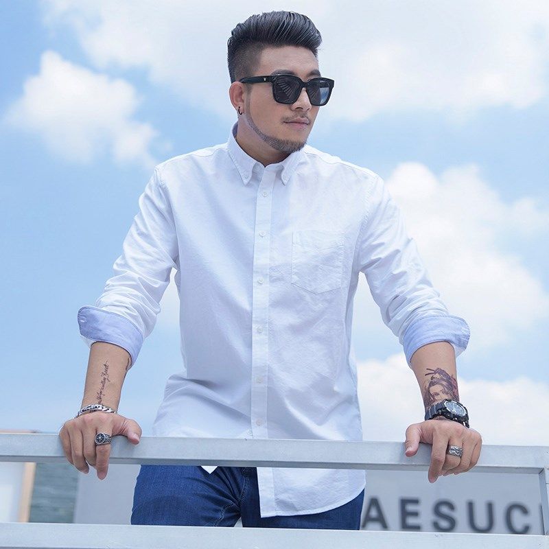 加肥加大码男衬衫胖人休闲牛津纺纯棉宽松长袖白衬衣纯色潮上衣