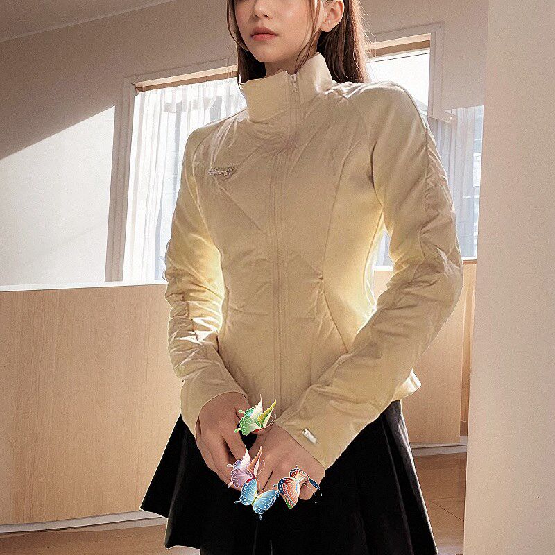 地球店立领拼接轻薄羽绒服高尔夫女士秋冬短款修身运动瑜伽白外套