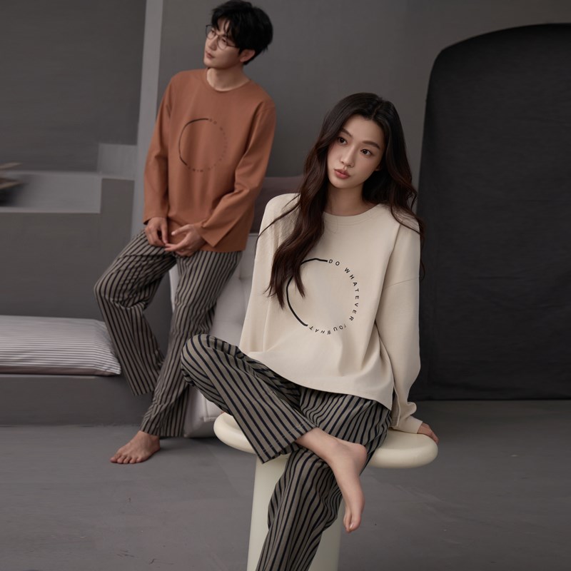 情侣睡衣秋季纯棉长袖春款女士简B约休闲男士条纹青少年家居服套
