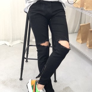 裤 新款 子男黑色拉链破洞牛仔九分裤 修身 卷毛男装 小脚裤 2020春夏季