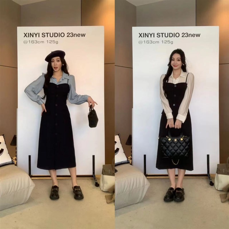 【欣怡微胖定制】秋季衬衫拼接连衣裙显瘦气质温柔裙X623Q03150