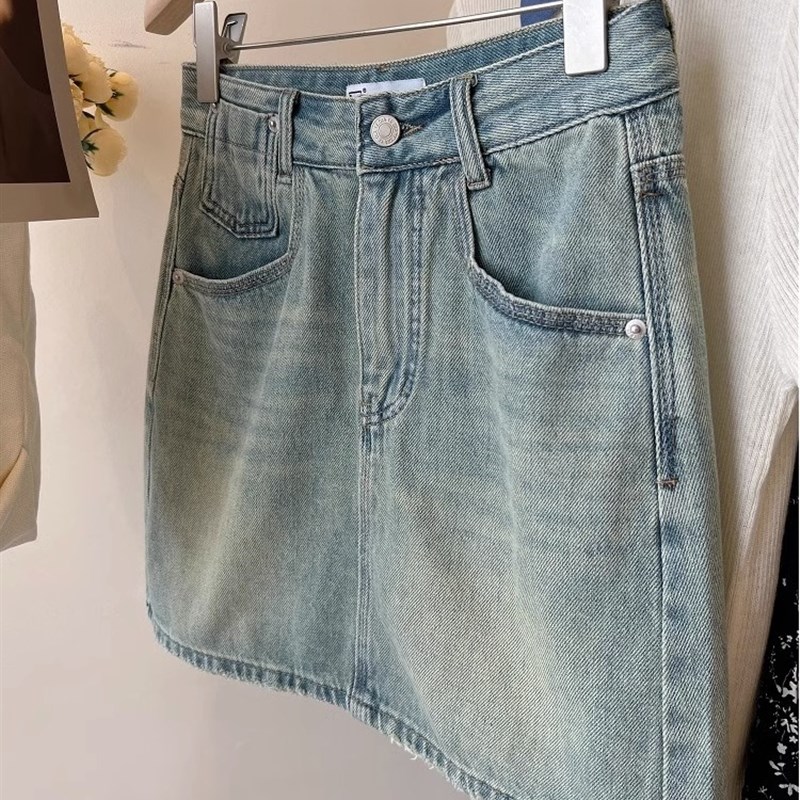 大码女装复古蓝牛仔短裙高腰夏季薄款胖妹妹宽松防走光a字半身裙