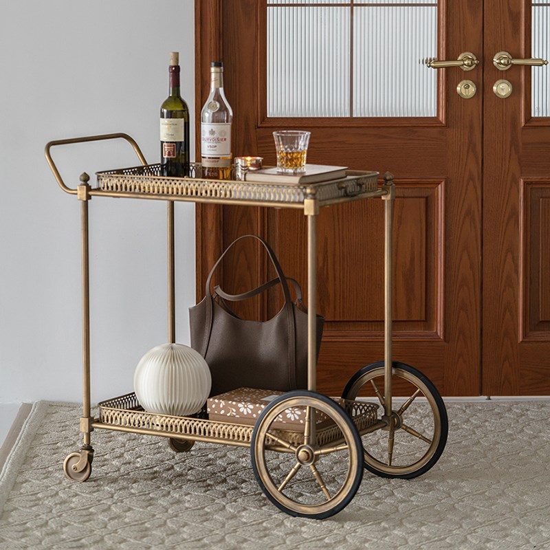 复古法式移动推车沙发边几金属玻C璃置物架家用轻奢客厅层架餐车