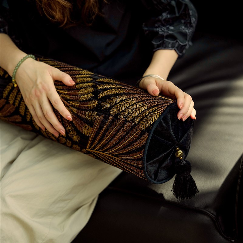 黑底奢金树叶绣花圆柱扶手枕沙发靠D垫客厅沙发抱枕套靠垫套可拆