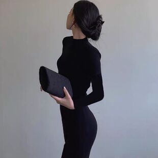 心机针织洋装女202秋冬女装中长版设计感气质修身内搭打底裙子