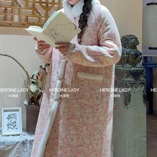 棉衣家居 女加厚绒三层保暖t碎花睡袍裙可外穿过膝中长版 冬季 新款