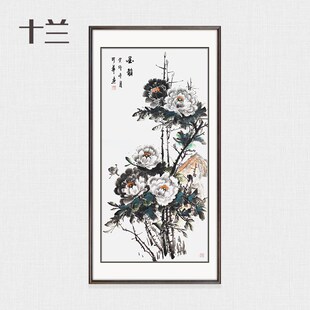 手绘牡丹水墨画国画竖幅玄关挂画新中式 饰字画 客厅餐厅走廊墨韵装