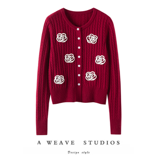 外套 针织羊绒开衫 美观有型 重工绞花100%纯山羊绒圆领毛衣女长袖