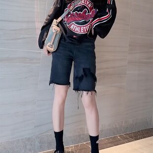 薄款 大码 破洞牛仔短裤 女胖mm梨型身材显瘦中裤 2024夏季 五分裤 新款