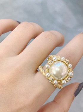 韩国潮流网红潮流水钻珍珠指环网红个性冷淡风开口可调节食指戒女