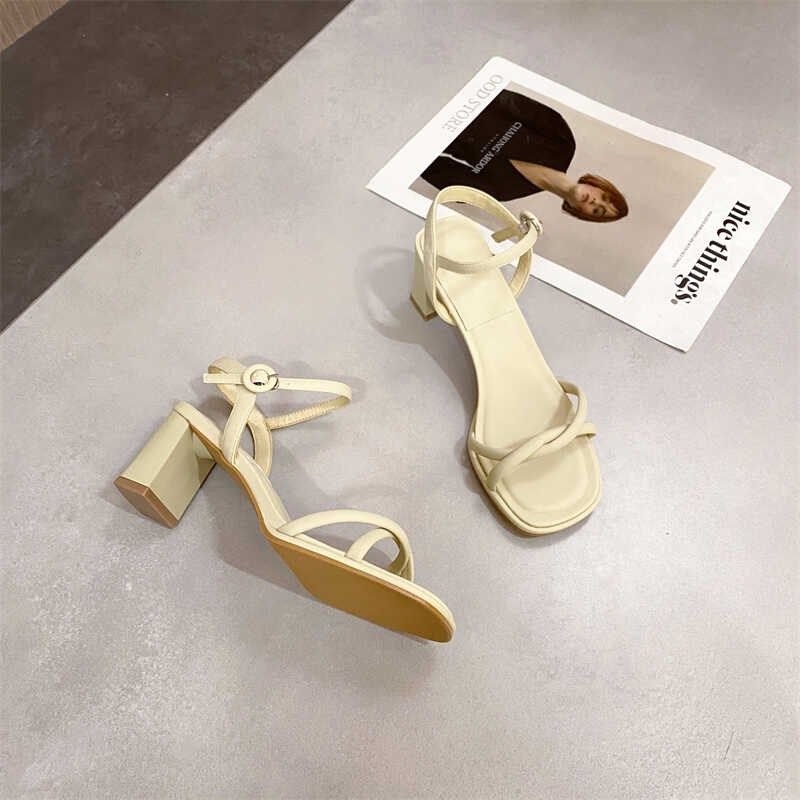 韩版高跟凉鞋女2025夏季新款简约气质时尚方头一字带交叉粗跟凉鞋,女鞋,一字带凉鞋,淘宝优惠券,粉丝福利购,淘宝优惠卷