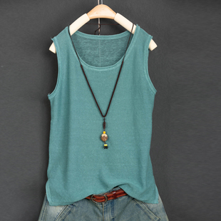 纯色下摆分叉亚麻套头小吊带 2021夏季 文艺大码 女装 背心女 新品
